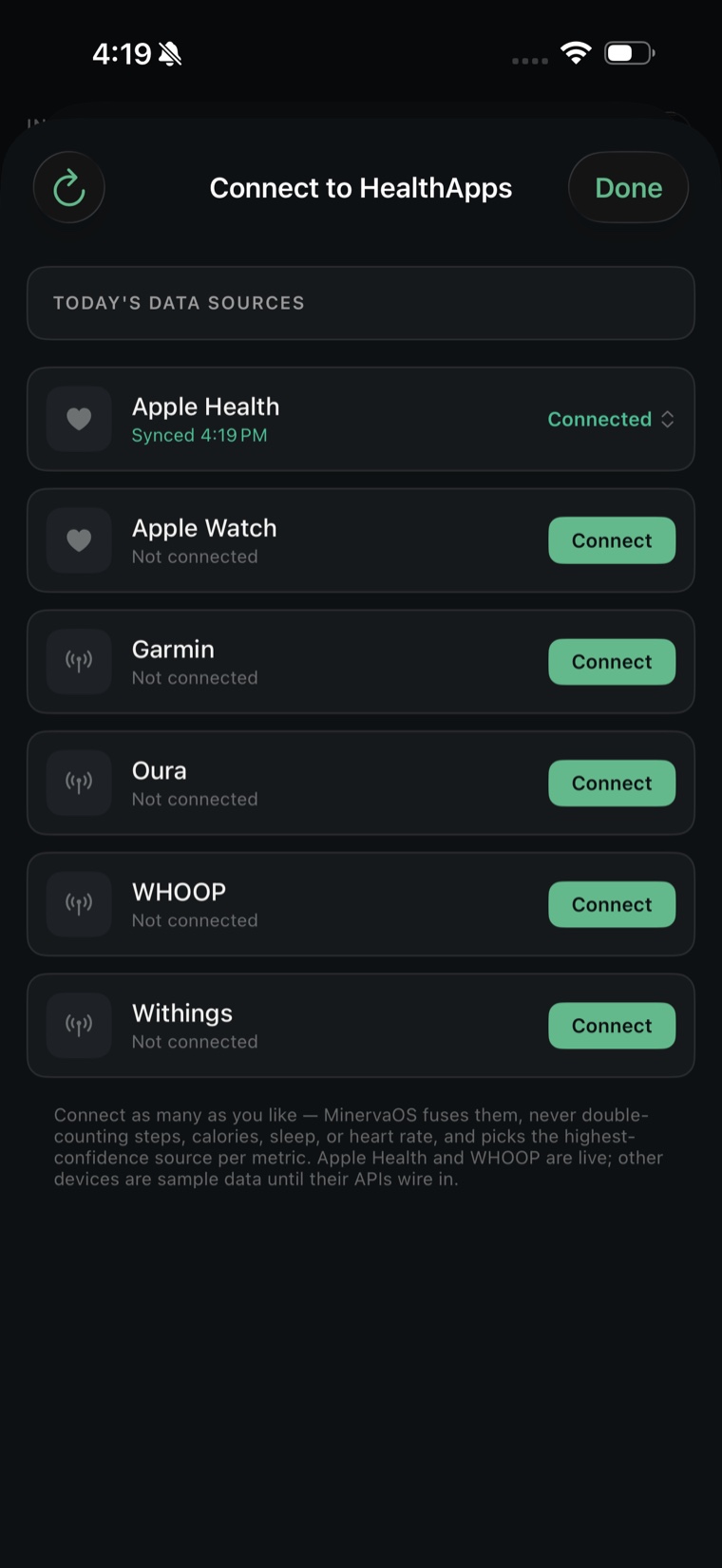 MinervaOS Connect to HealthApps screen: Apple Health, Apple Watch, Garmin, Oura, WHOOP and Withings as data sources
