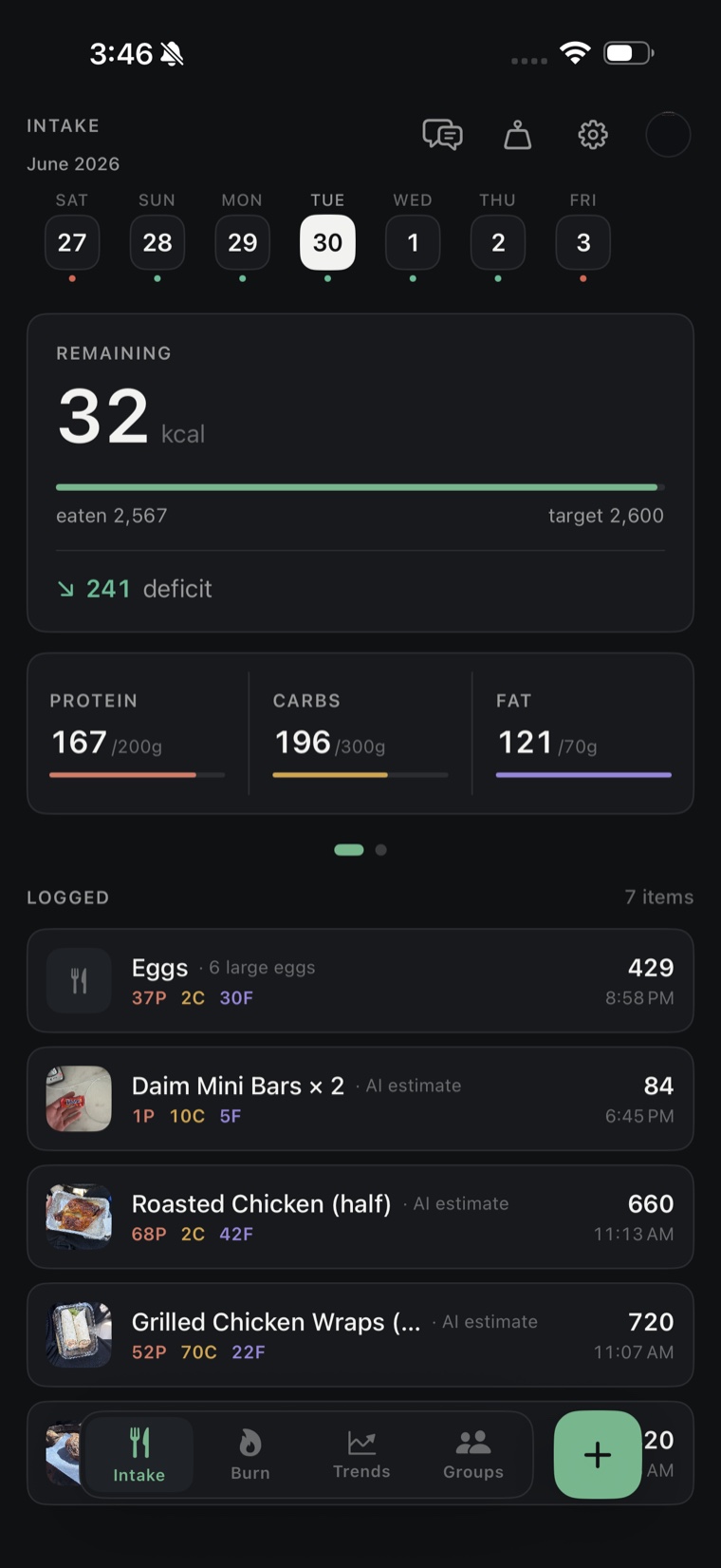 MinervaOS Intake dashboard: calories remaining, protein/carbs/fat, and the day's logged foods