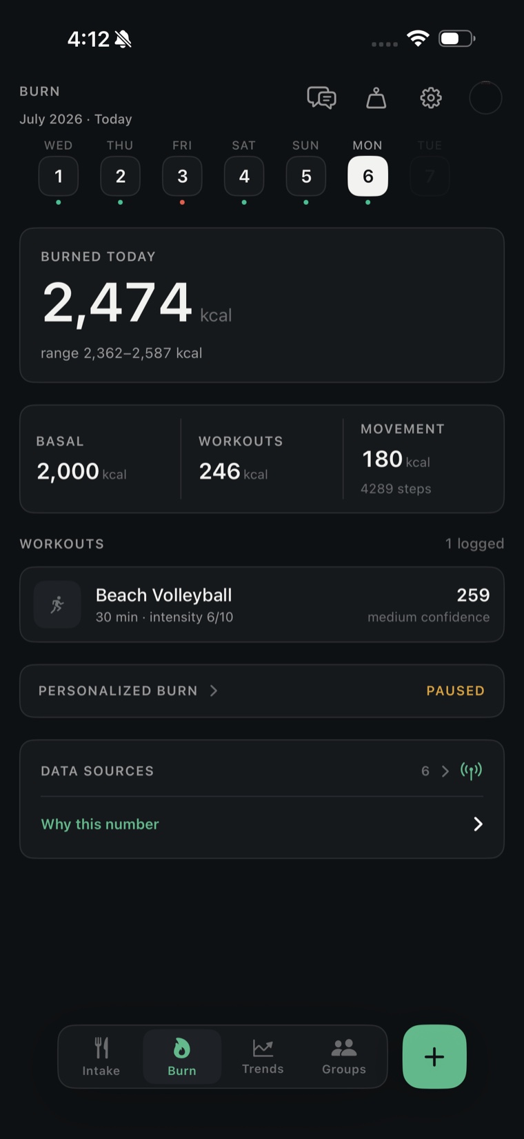 MinervaOS Burn screen: total calories burned today from six connected data sources