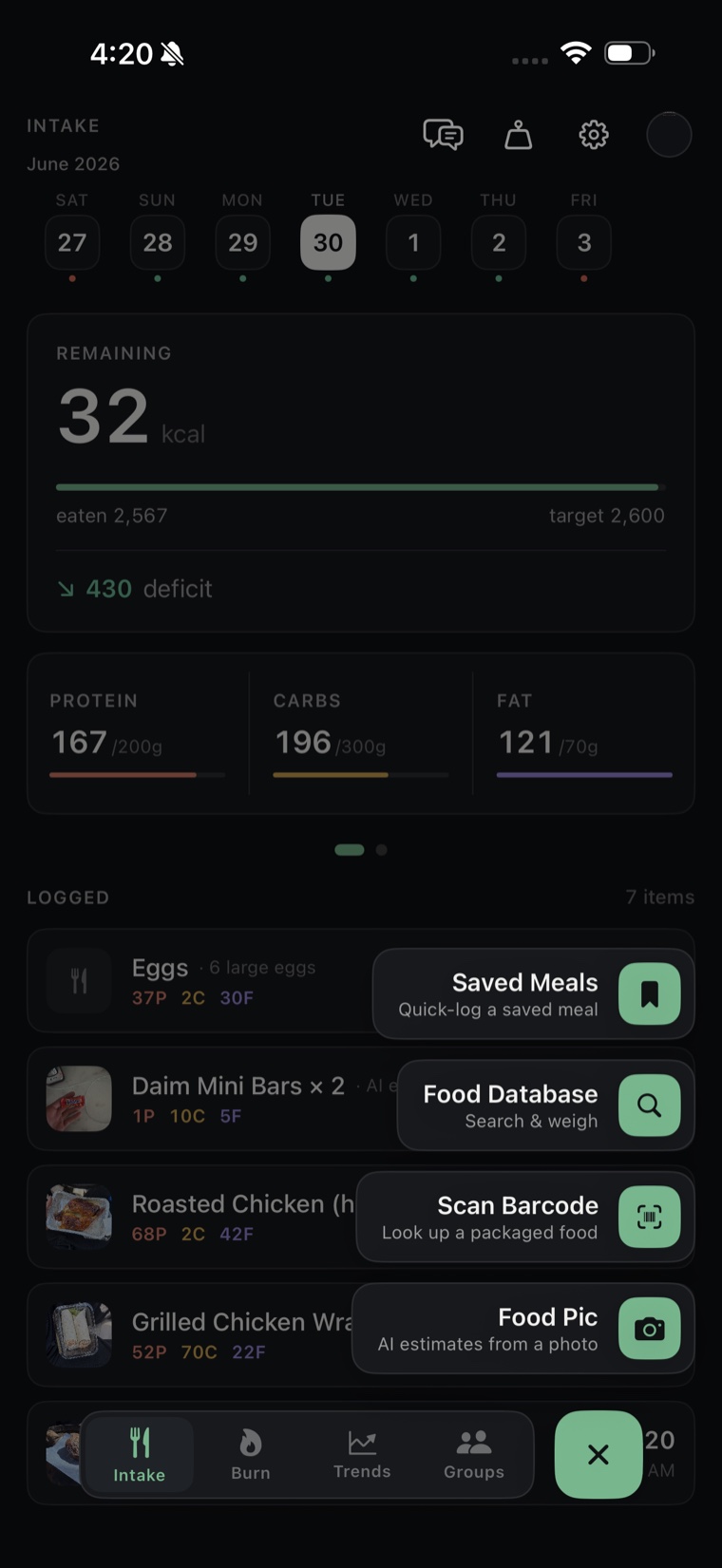 MinervaOS log menu: Saved Meals, Food Database, Scan Barcode, and Food Pic options